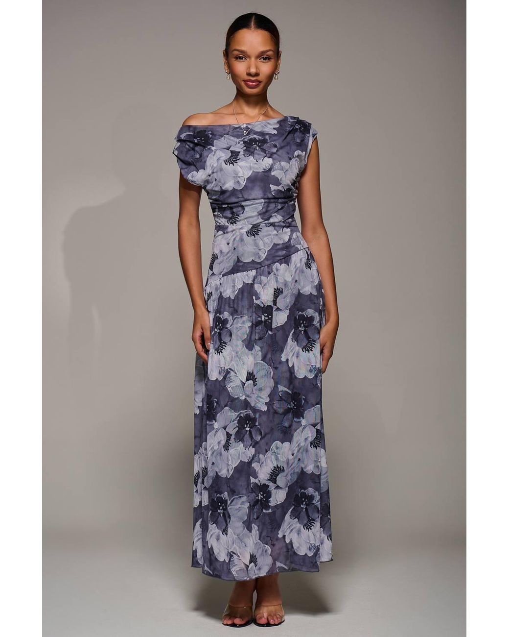 Jolie Moi Blue Asymmetric Draped Mesh Maxi Dress