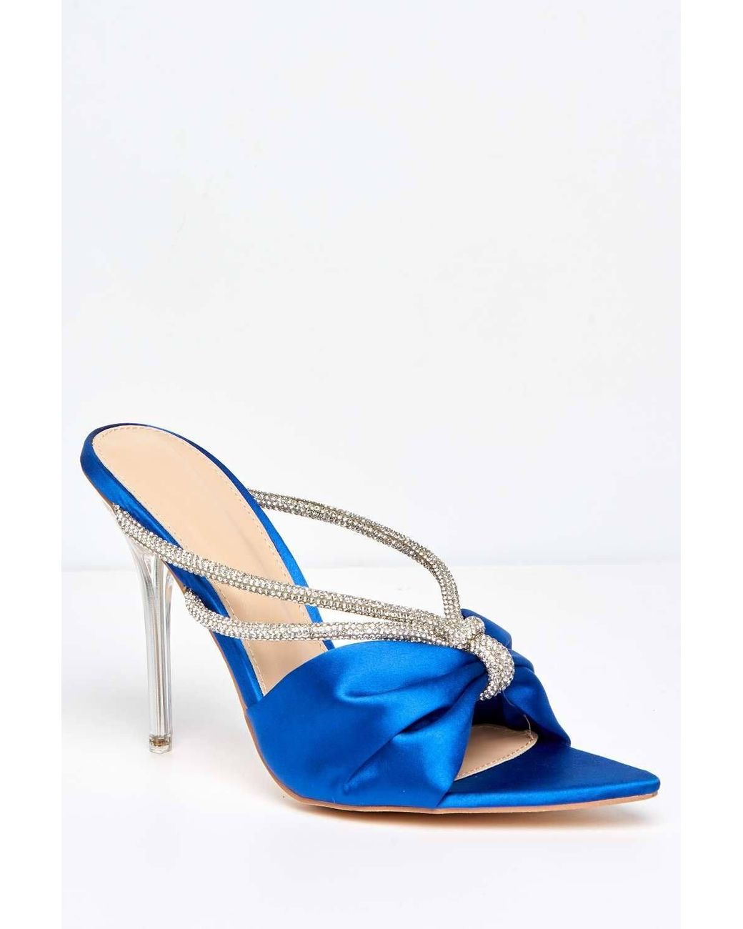 Miss Diva Blue Tanulia Diamante Straps Perspex Stiletto Heel Pointed Toe Mules