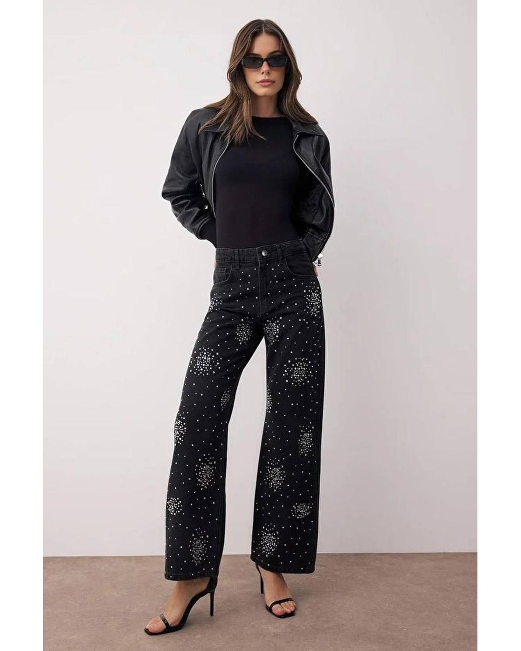 WOVCOR Black High-Waist Stone-Detail Wide-Leg Jeans