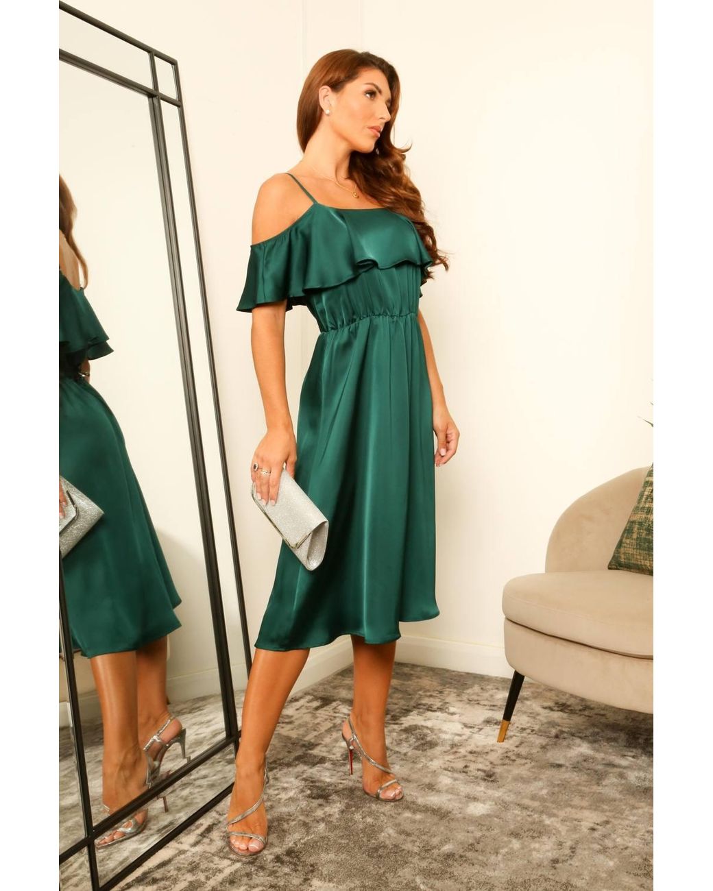 Double Second Green Shoulder Satin Midi Dress