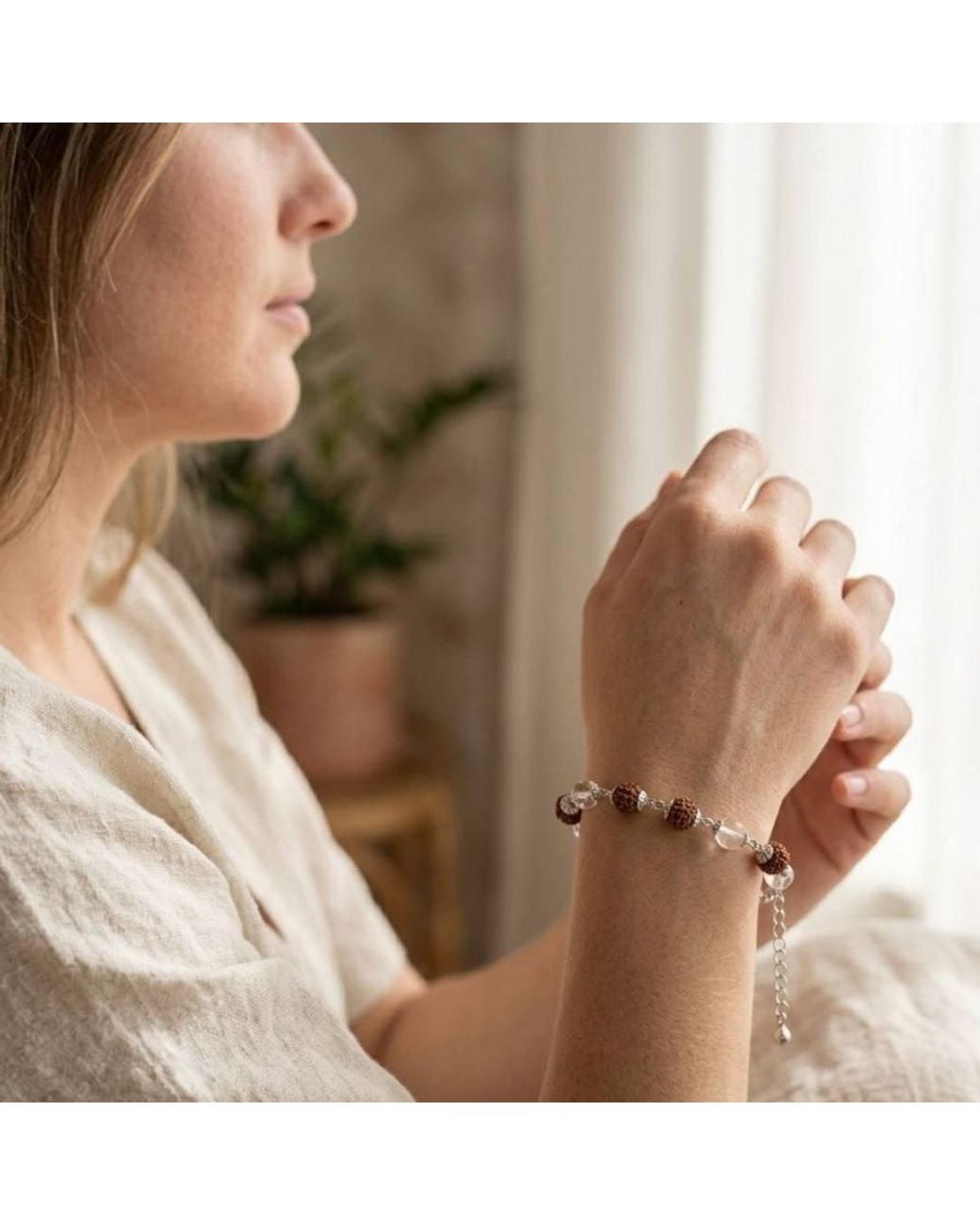 The Colourful Aura Natural Rudraksha & Crystal Quartz Bracelet, -Plated