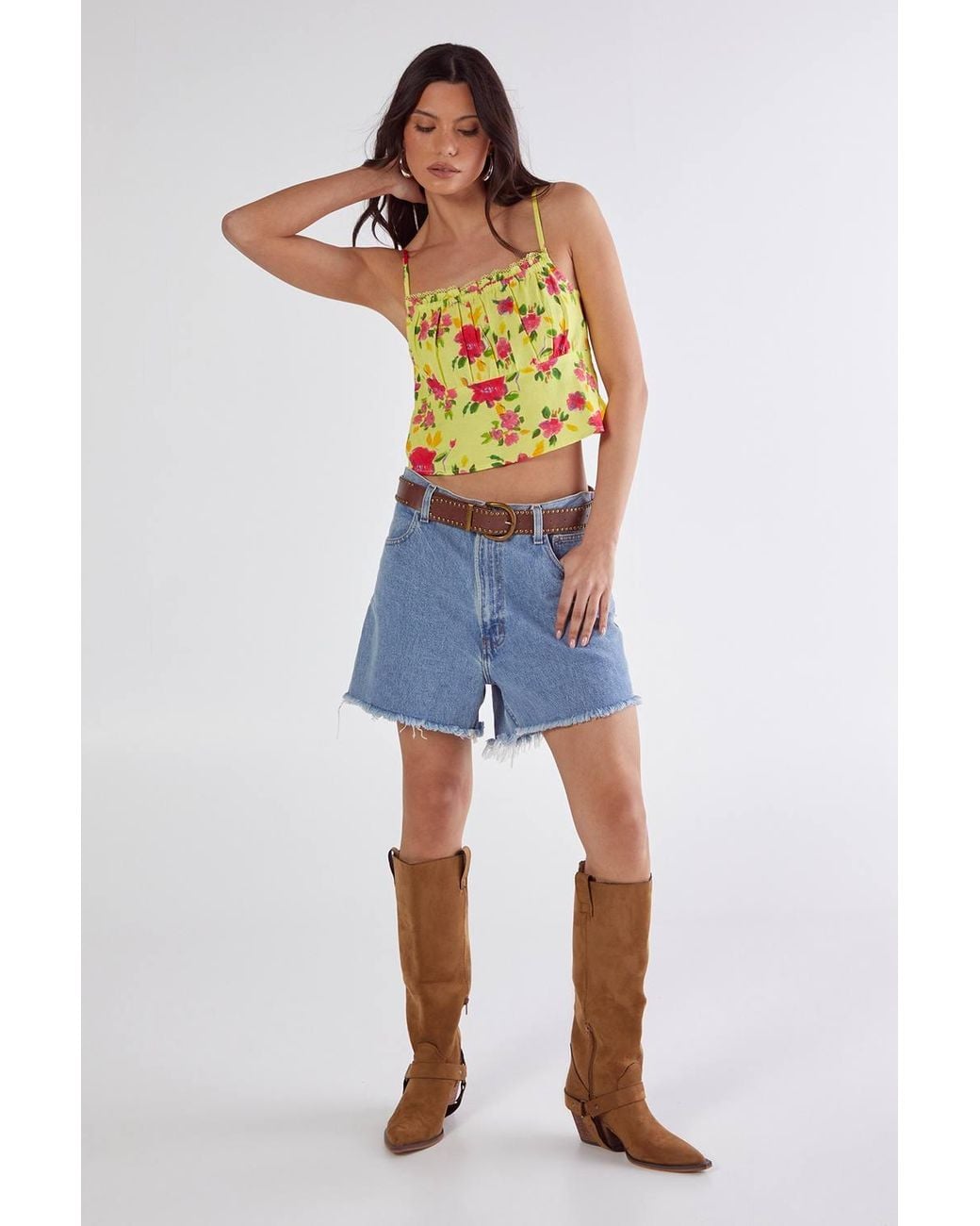 Nasty Gal Yellow Floral Linen Mix Lace Trim Soft Corset Top