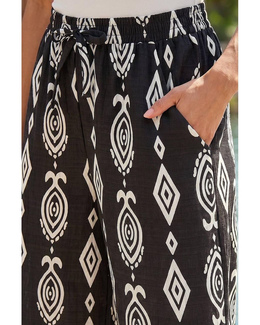 Roman Black Aztec Border Print Wide Leg Trousers