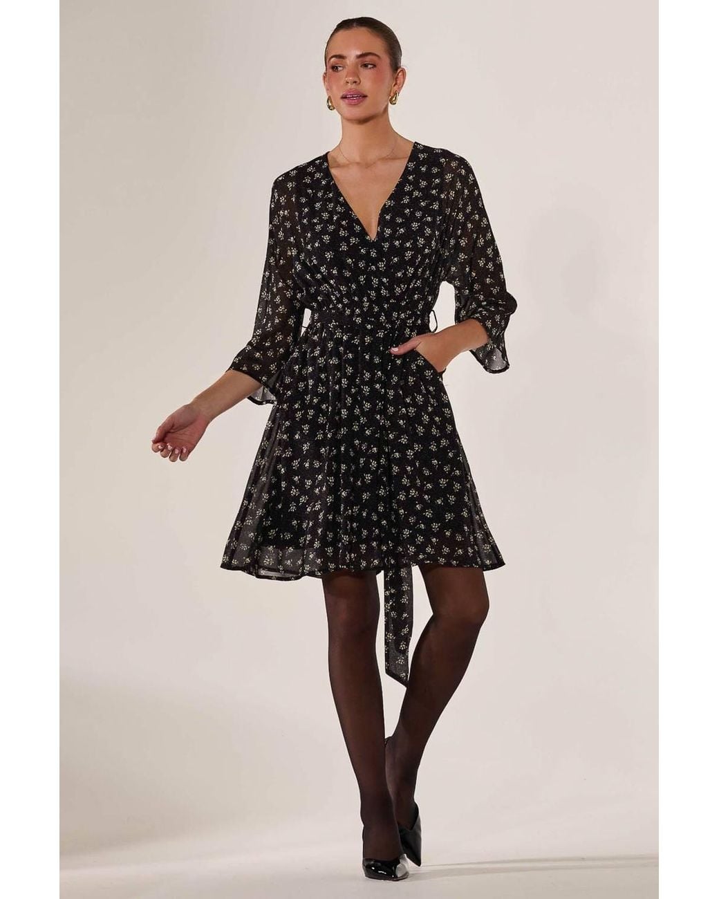 Jolie Moi Black Chiffon 3/4 Sleeve Mini Dress