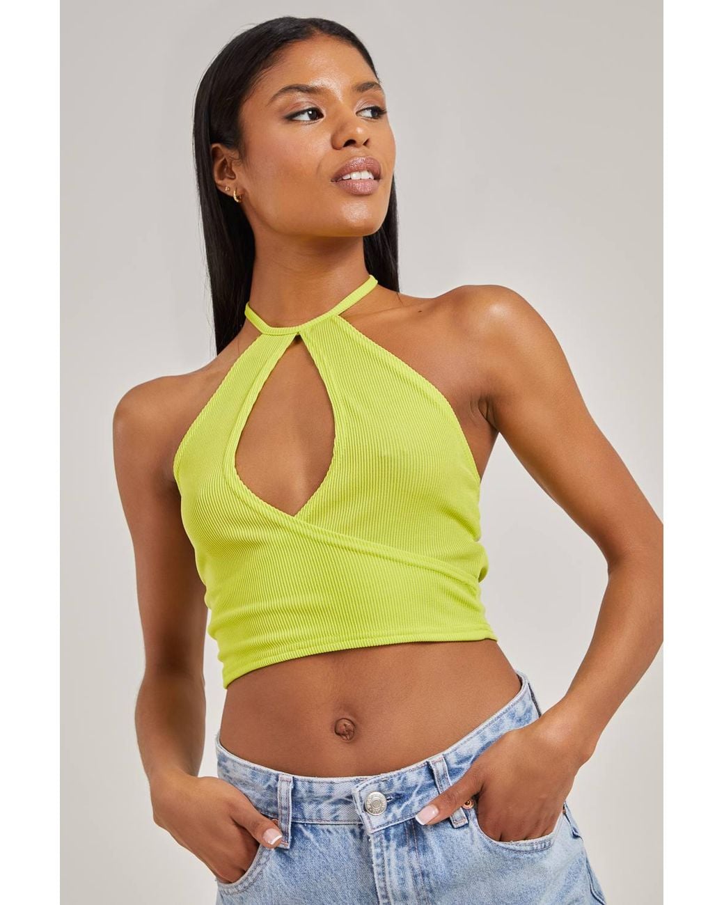 Pink Vanilla Green Ribbed Halterneck Crop Top