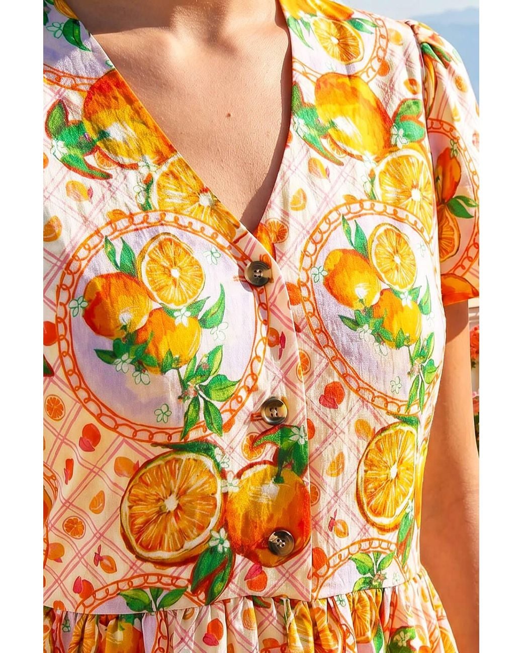 Roman Orange Fruit Print V-Neck Midi Dress