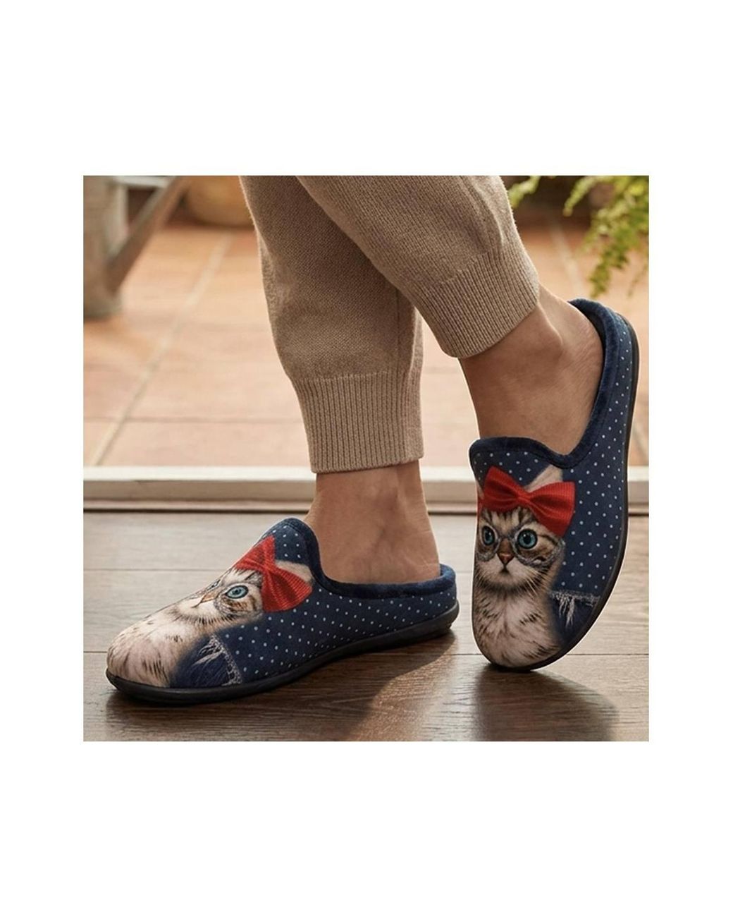 Pavers Blue Cat Print Luxury Mule Slippers