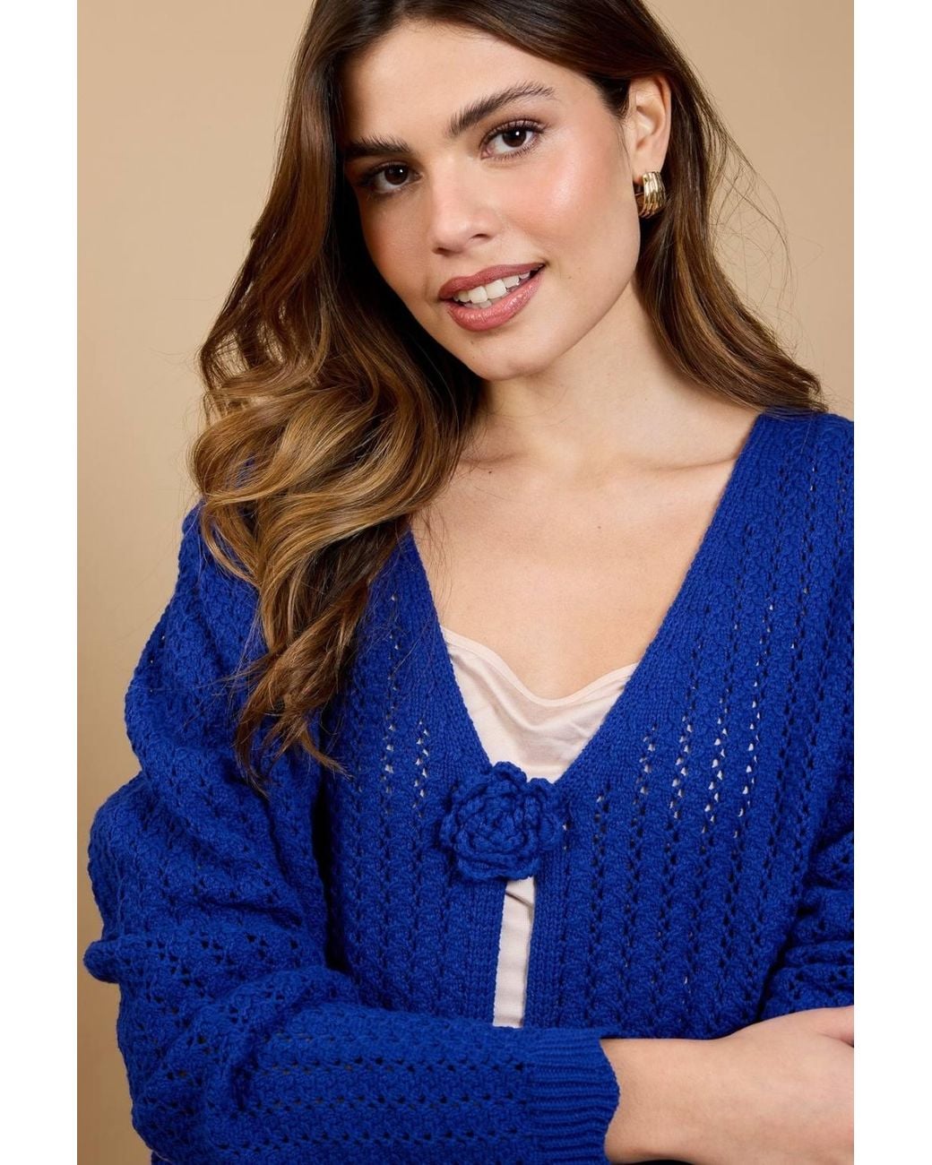 Little Mistress Blue Crochet Rosette Detail Cardigan