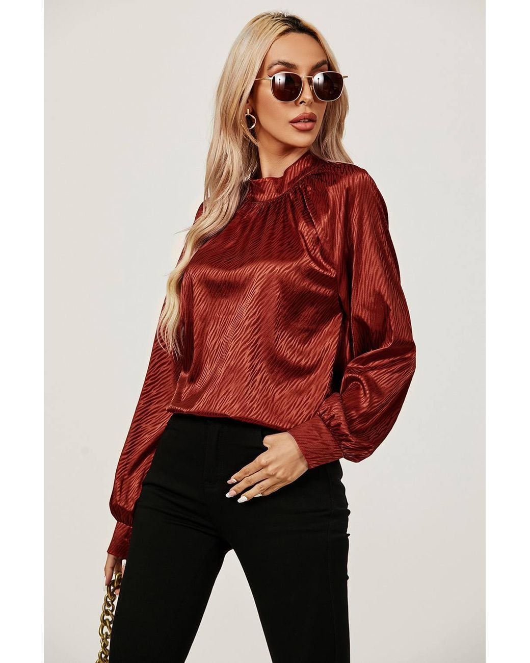 FS Collection Red High Neck Back Cut Detail Satin Blouse Top