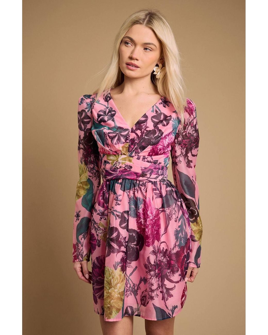 Oasis Pink Structured Fit & Flare Pleat Detail Mini Dress