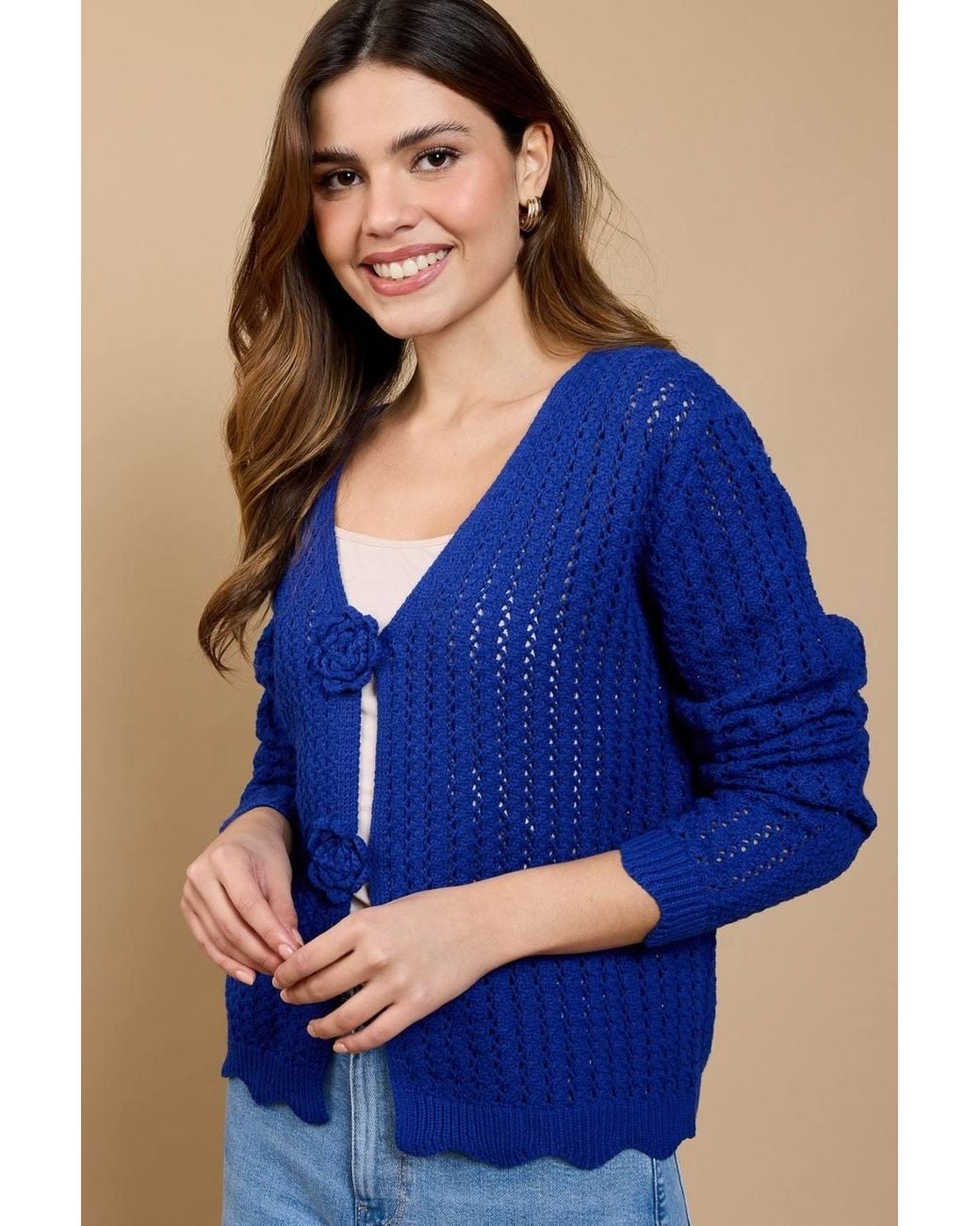 Little Mistress Blue Crochet Rosette Detail Cardigan