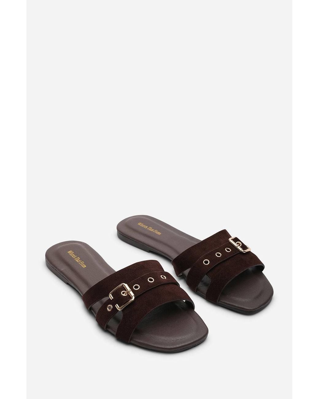 Where's That From Brown 'Alvita' Buckle Slide On Flat Suede Sandal