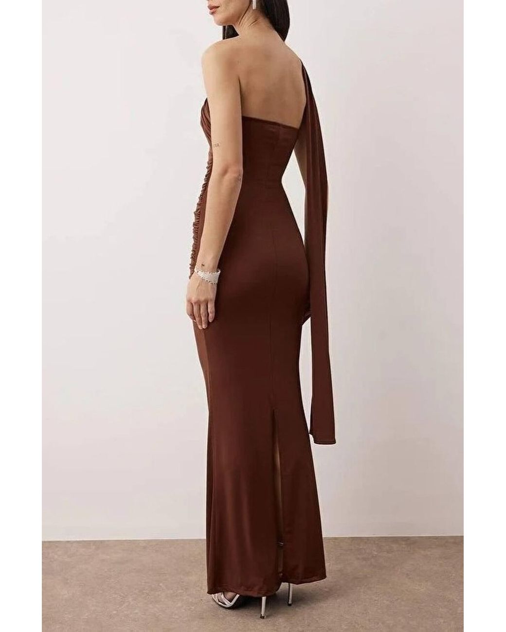 WOVCOR Brown One Shoulder Draped Knit Maxi Evening Dress