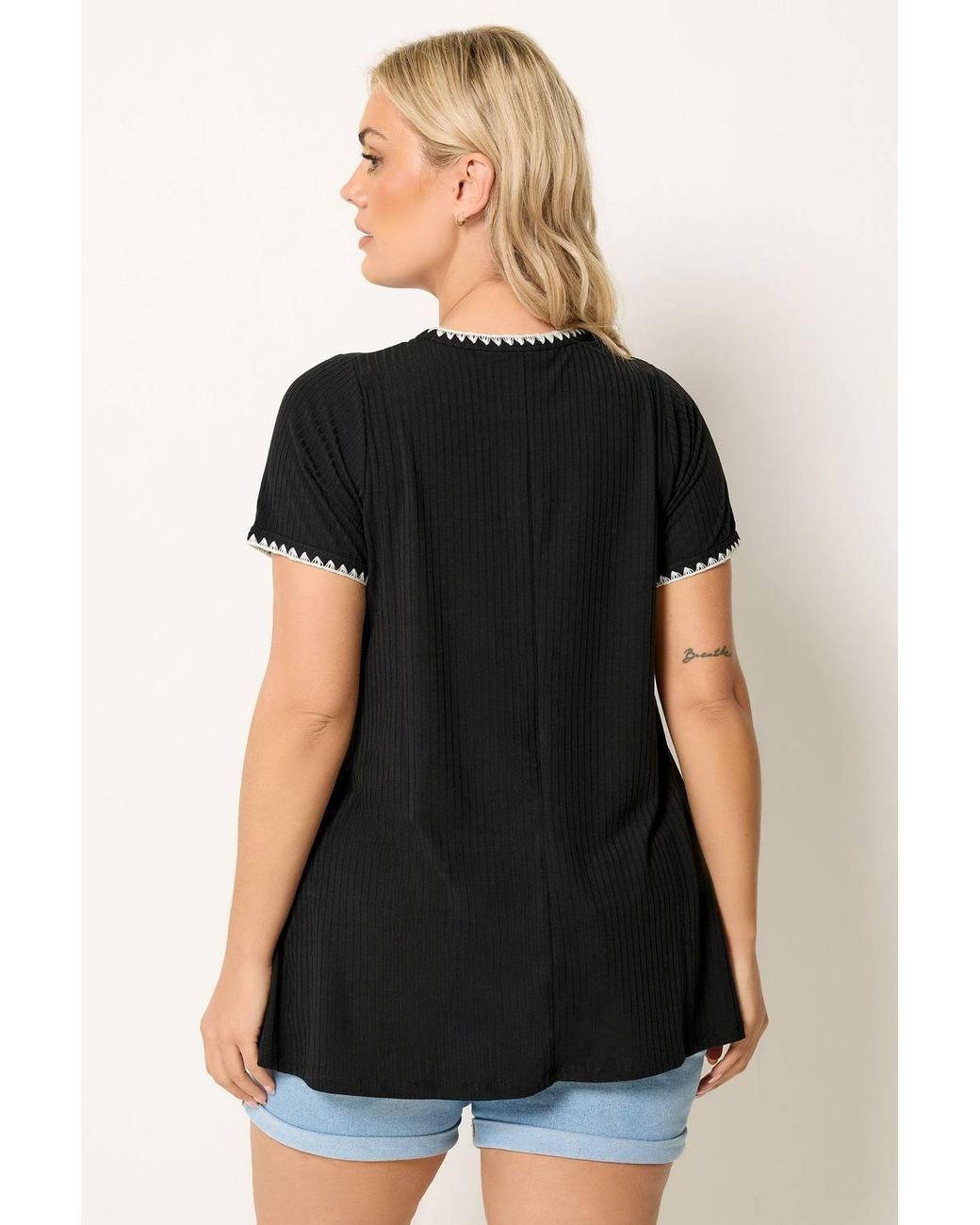 Yours Black Contrast Stitch Swing T-Shirt