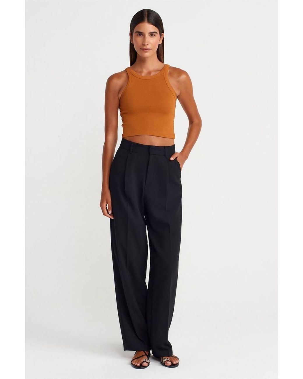 Dilvin Blue Ribbed Cotton-Blend Sleeveless Crop Top