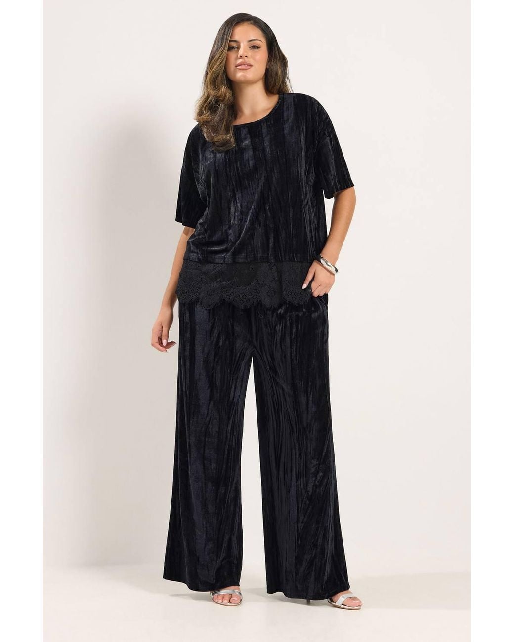 Yours Black Crushed Velour Lace Hem Top