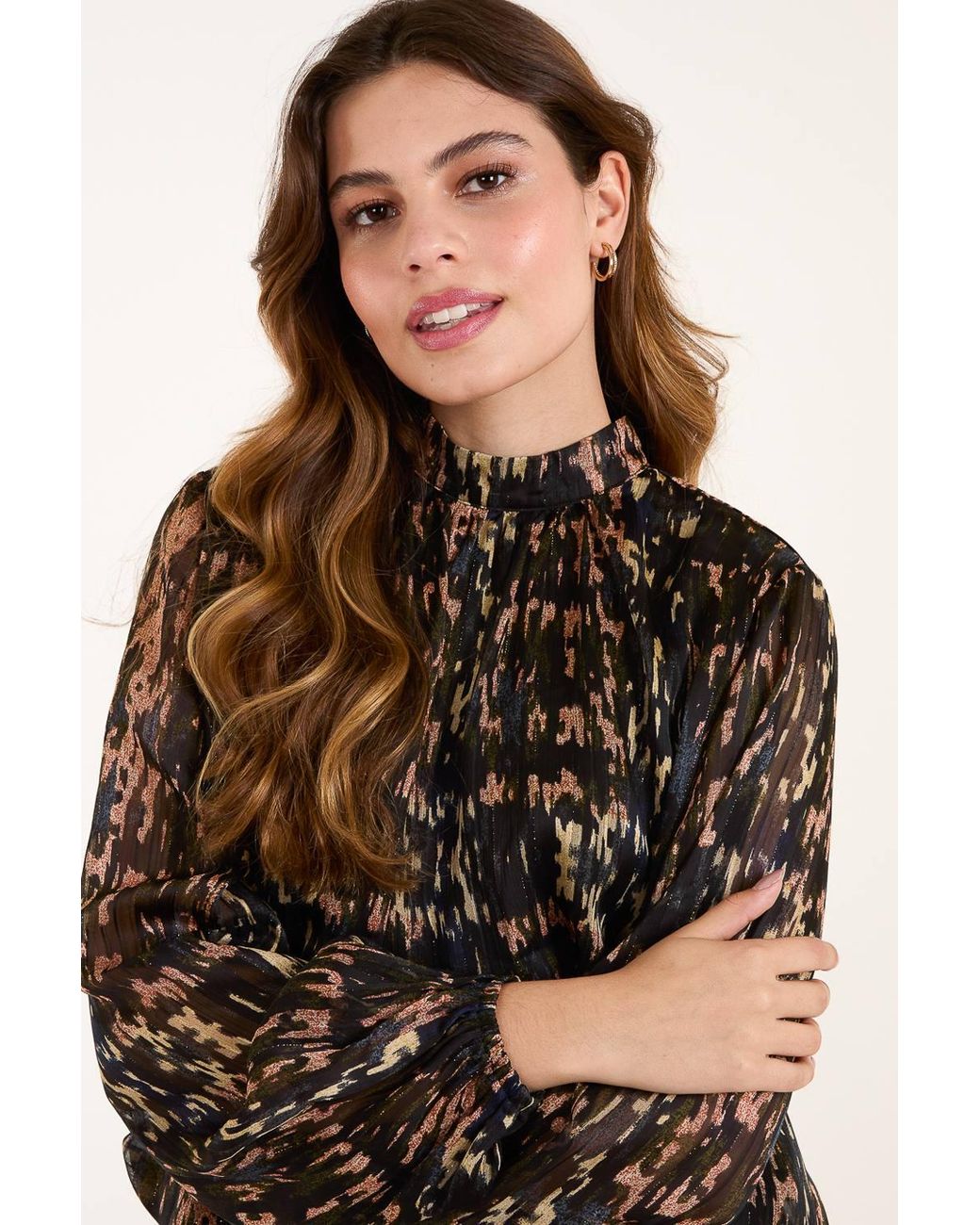 Blue Vanilla Black High Neck Abstract Cuff Sleeve Blouse
