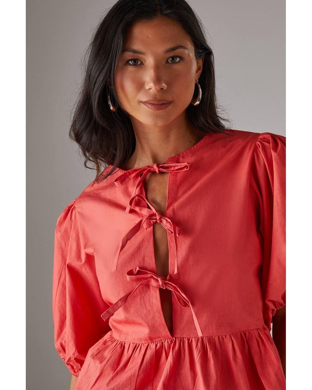 Warehouse Red Poplin Tie Front Volume Sleeve Blouse