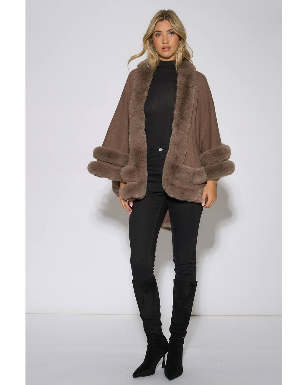 Gini London Brown Double Layer Fur Trim Cape