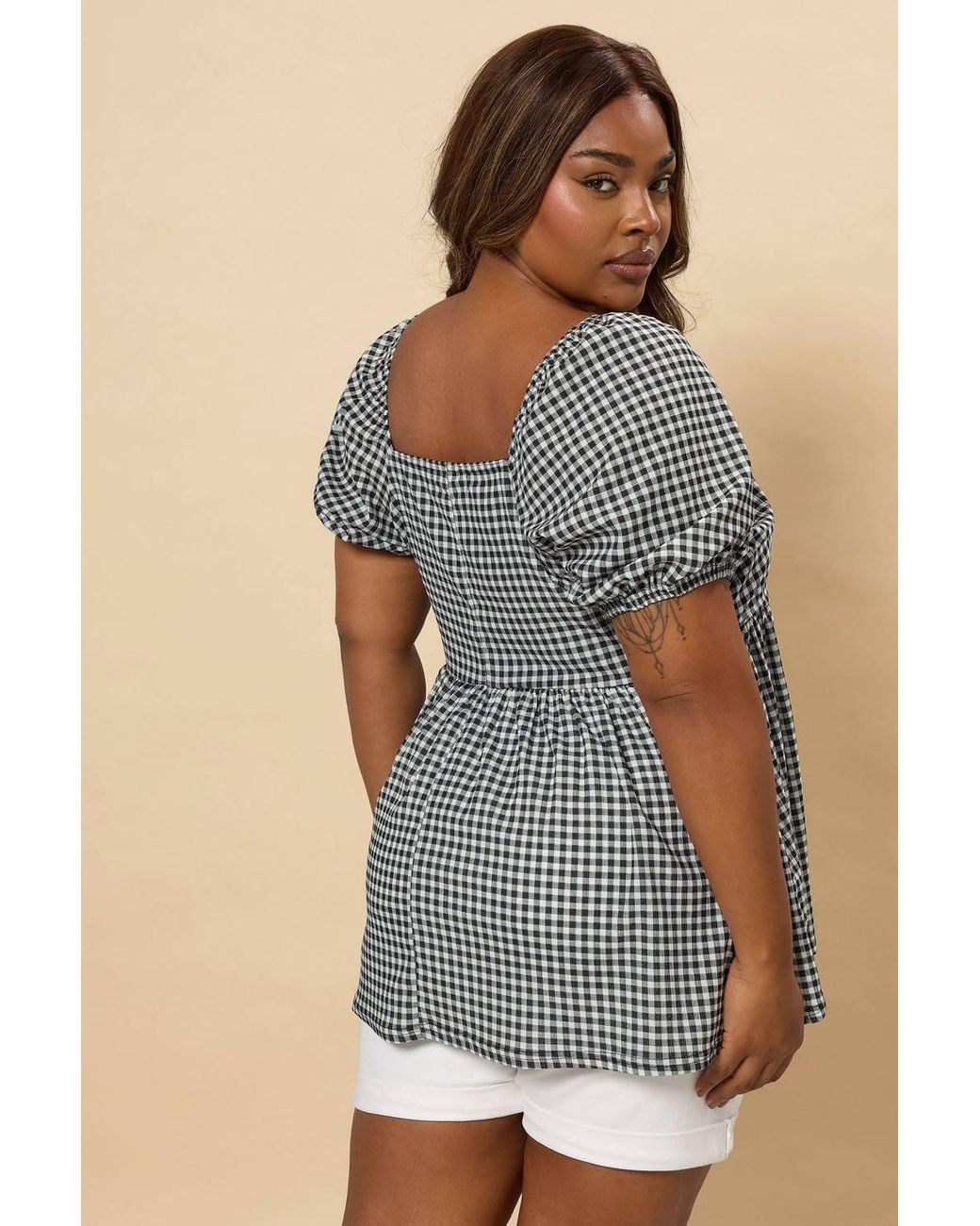 Yours Black Gingham Bow Front Peplum Top