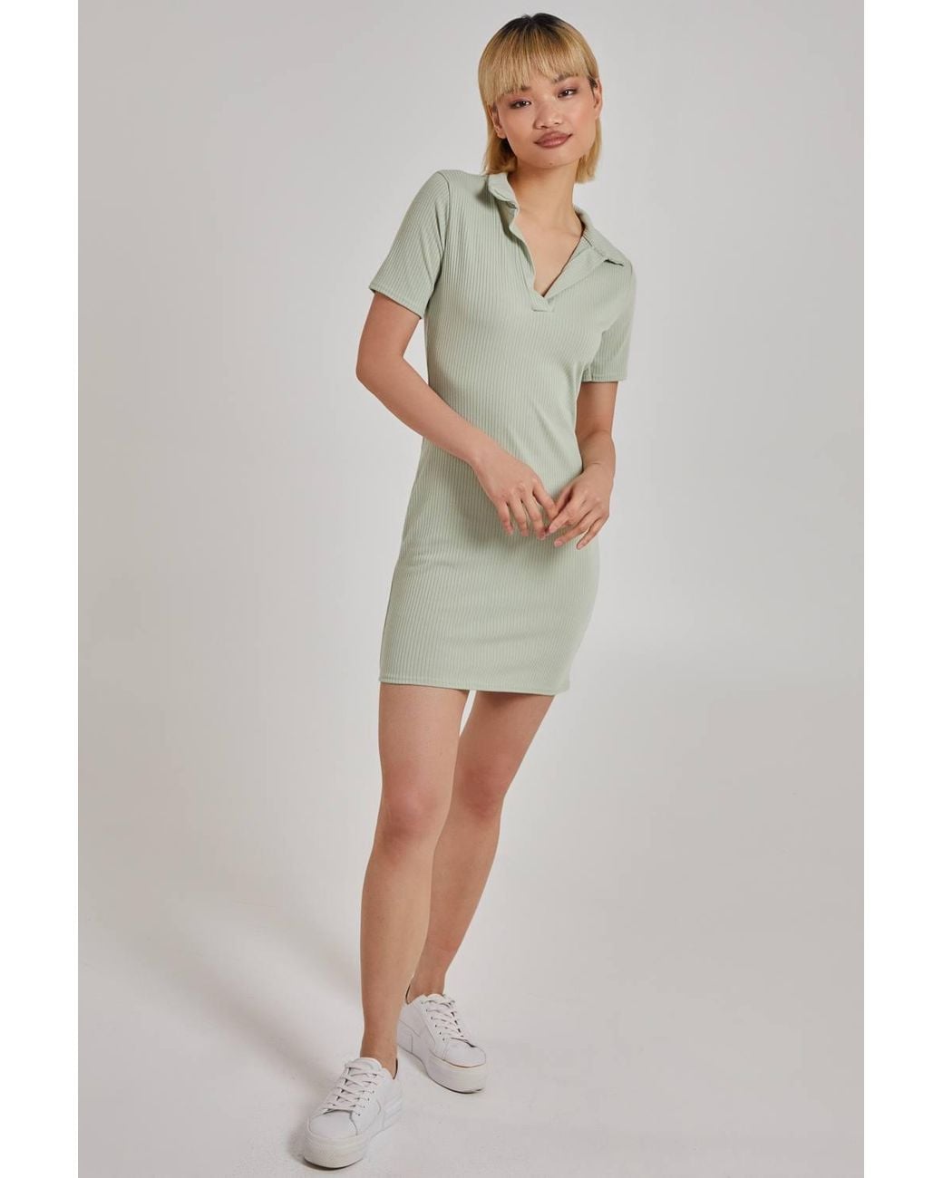 Pink Vanilla Green Short Sleeve Collar Neck Rib Mini Dress