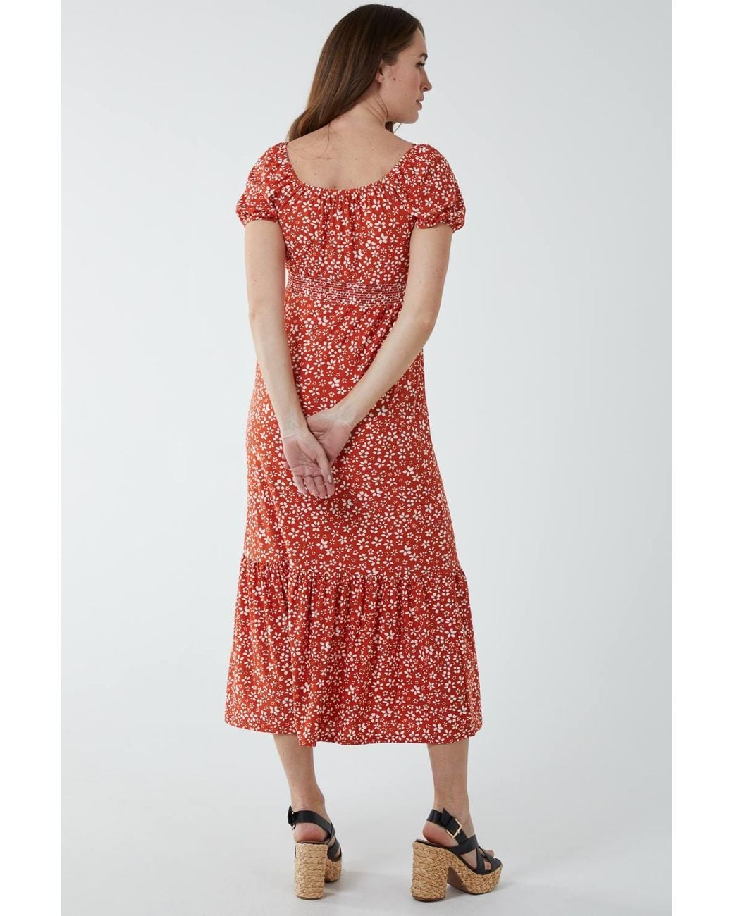 Blue Vanilla Shirred Milkmaid Sweetheart Midi Dress