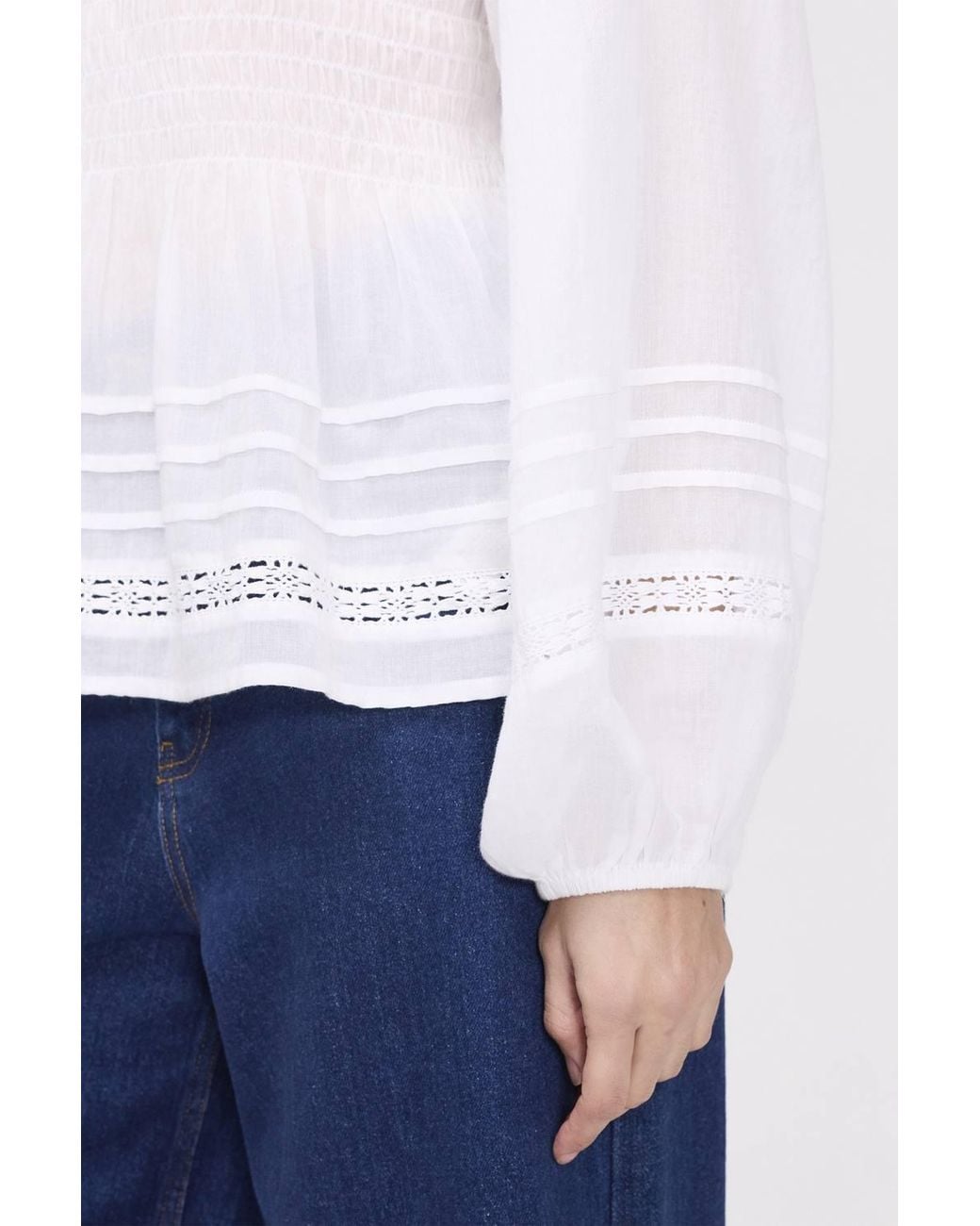 Finery London Blue Jennie Shirred Long Sleeve Cotton Top