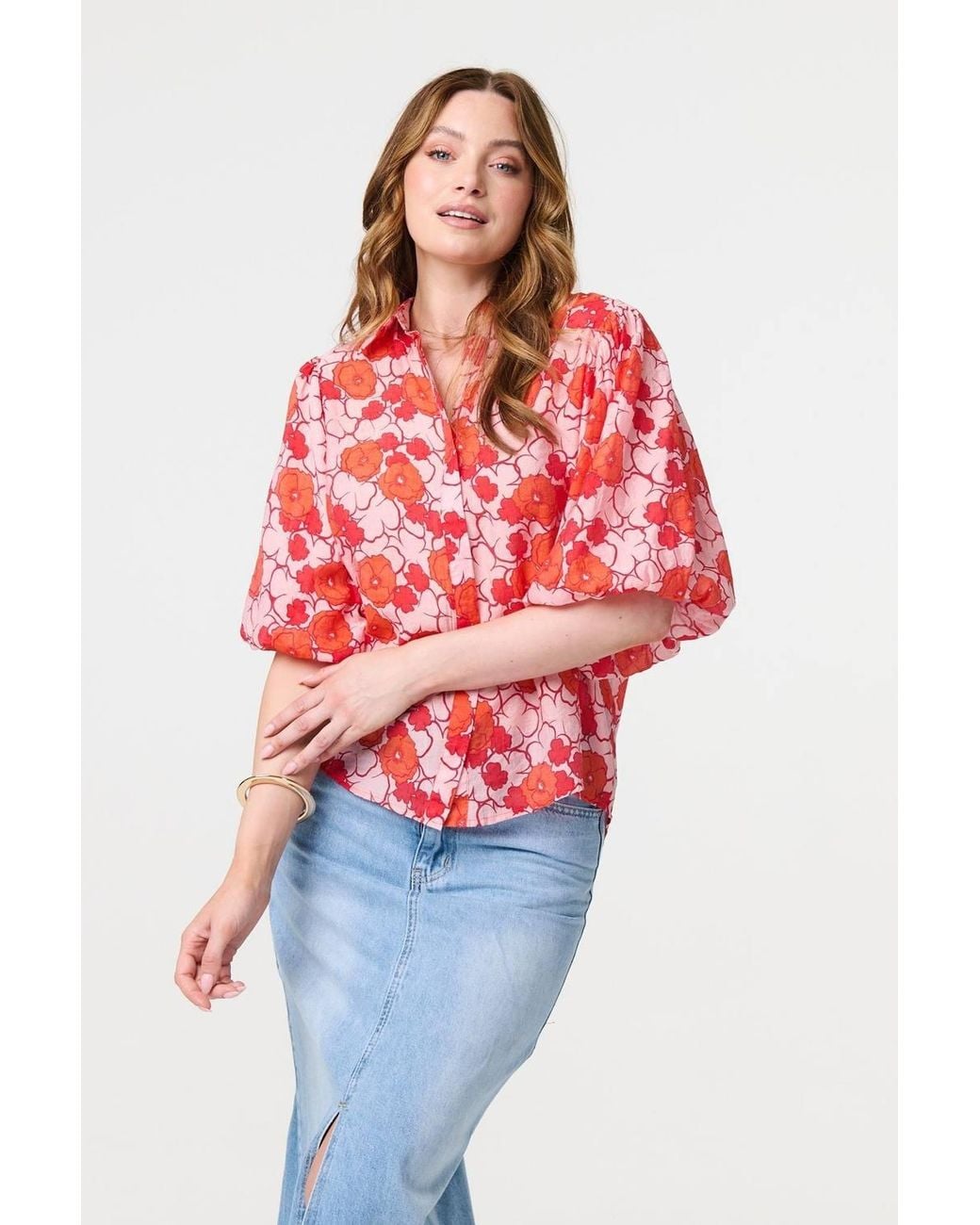 Izabel London Red Leaf Print 1/2 Puff Sleeve Blouse