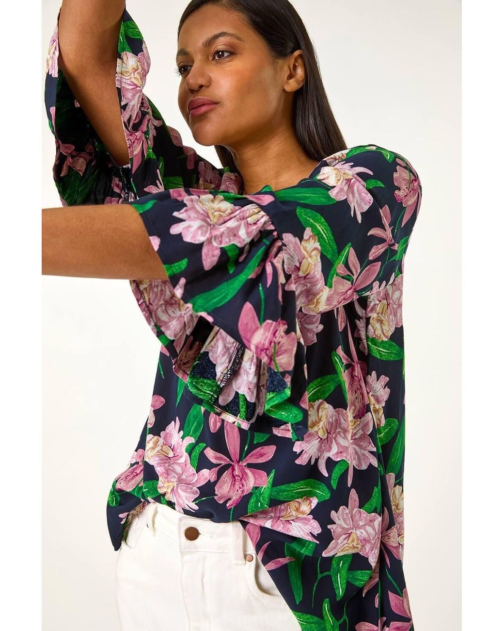 Roman Pink Floral Flare Sleeve Top