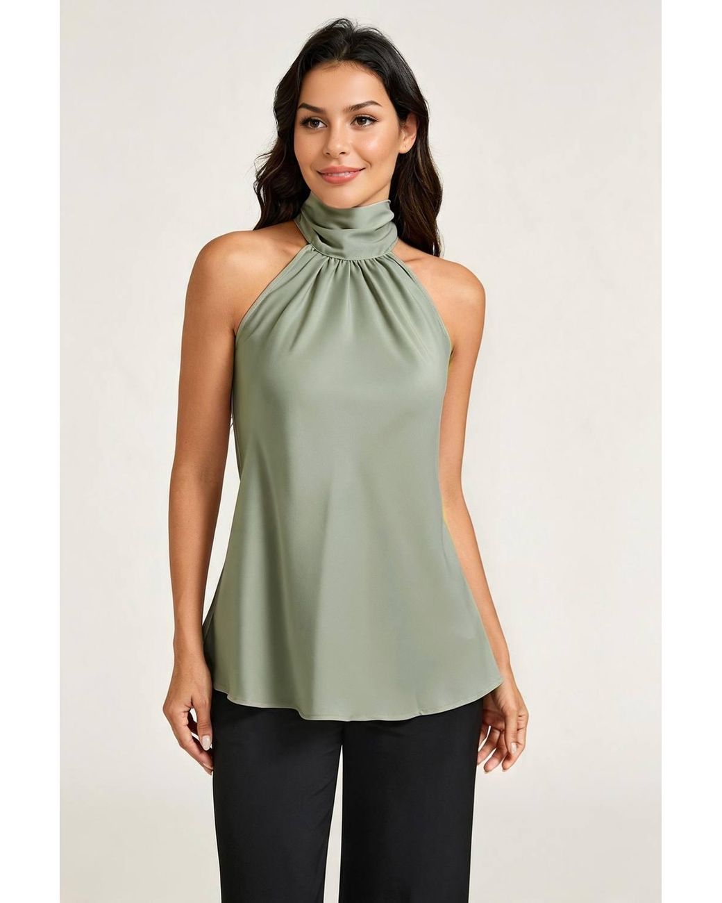 FS Collection Blue High Neck Sleeveless Satin Blouse Top