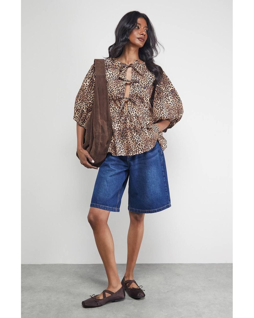 Warehouse Blue Print Poplin Tie Front Volume Sleeve Blouse