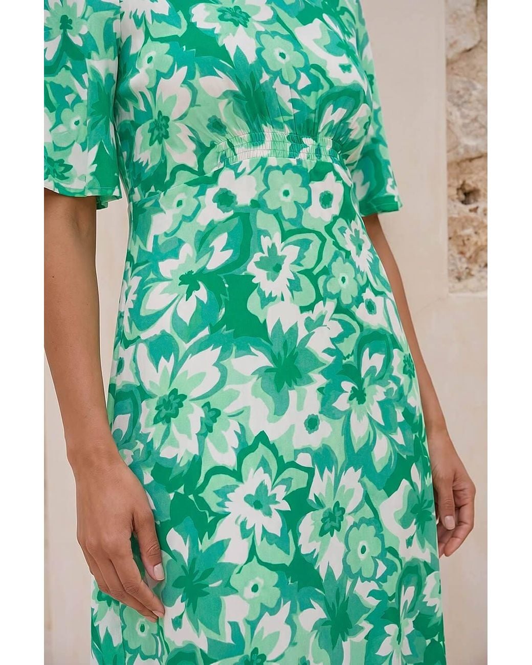 Roman Green Floral Print Angel Sleeve Midi Dress