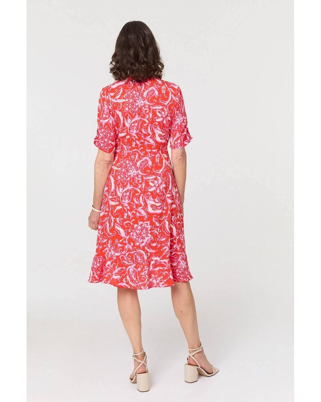 Izabel London Red Printed Frill Wrap Knee Length Dress