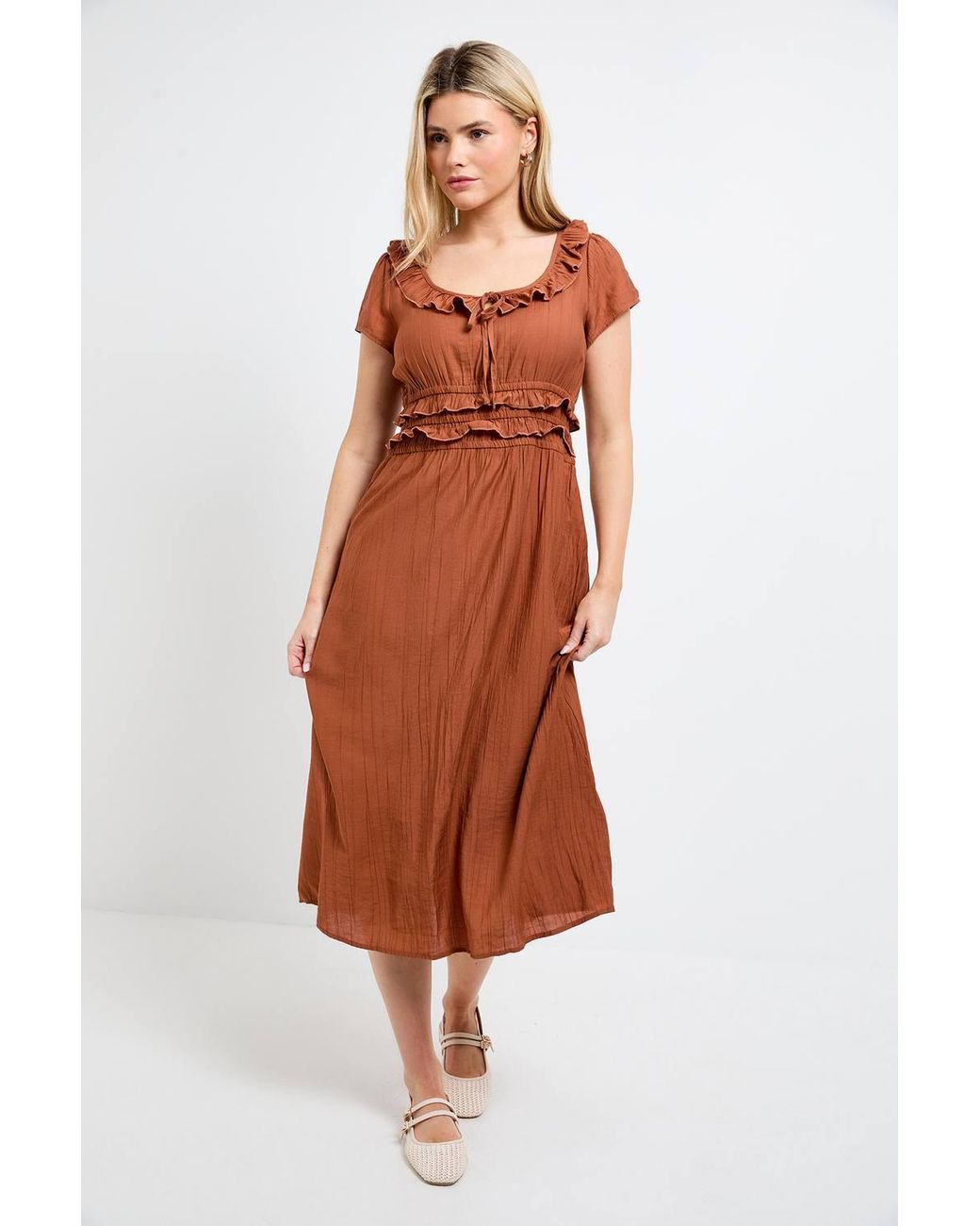 Dorothy Perkins Brown Frill Scoop Neck Shirred Waist Midi Dress