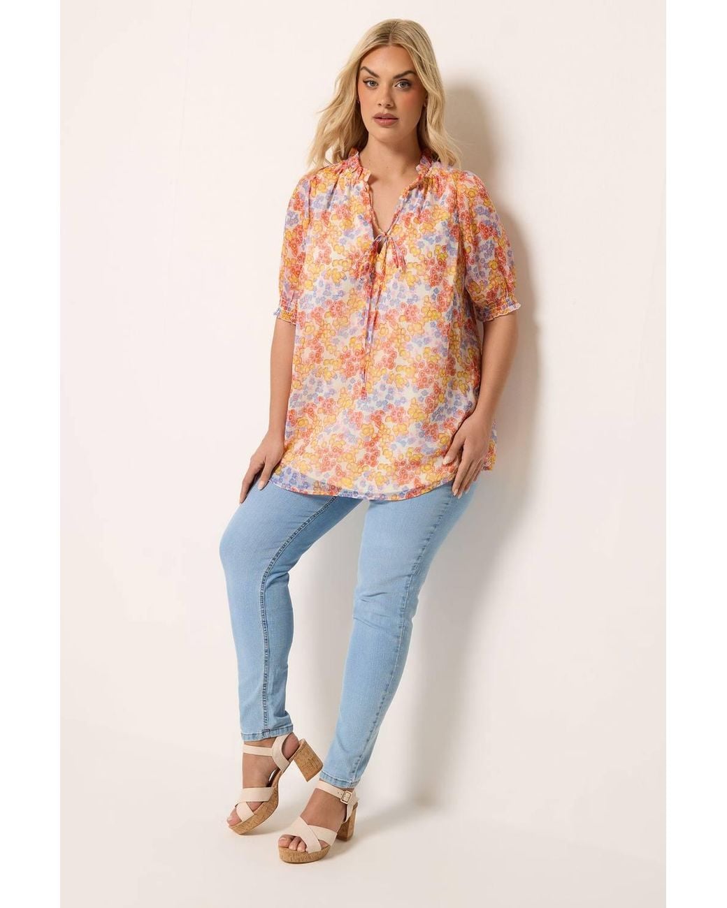 Yours Orange Floral Frill Neck Blouse
