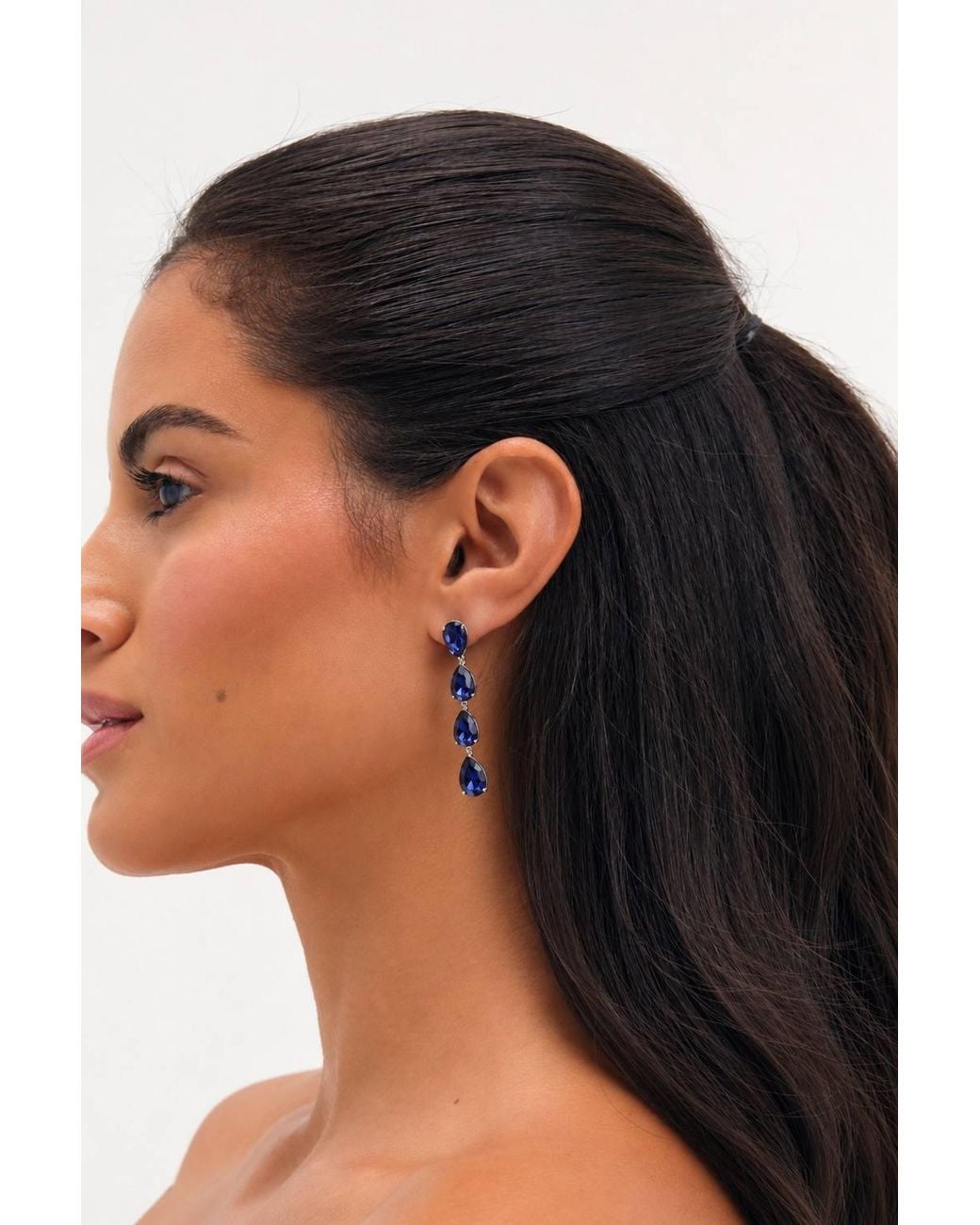 Jon Richard Blue Rhodium Plated Sapphire Linear Pear Drop Earrings