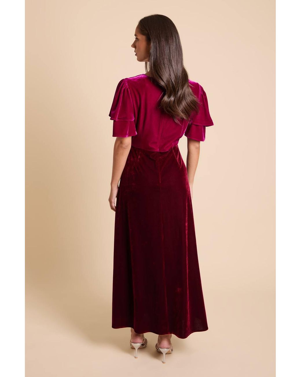 Dorothy Perkins Red Dp Luxe Velvet Double Flutter Colour Block Midi Dress
