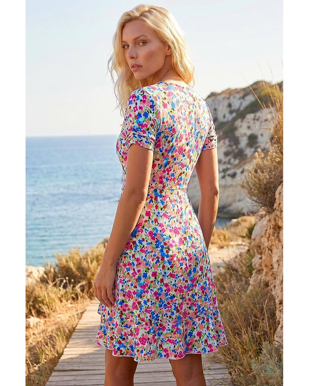 Roman Blue Petite Floral Frill Wrap Dress