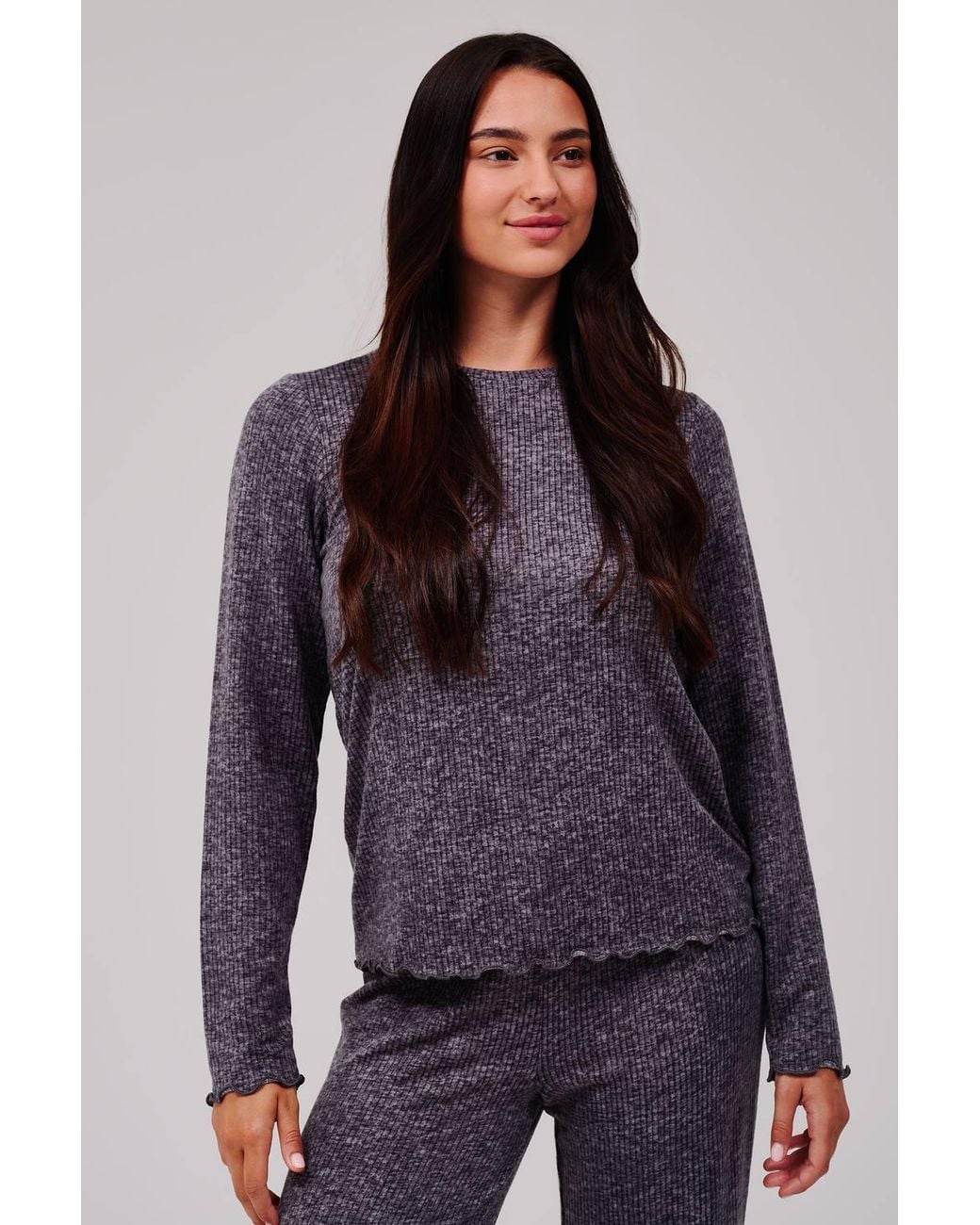 Loungeable Blue Marl Brushed Rib Long Sleeve Top & Trouser Set
