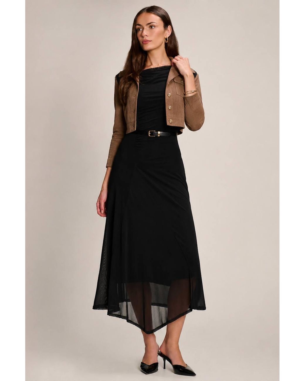 Jolie Moi Black Asymmetric Draped Mesh Maxi Dress