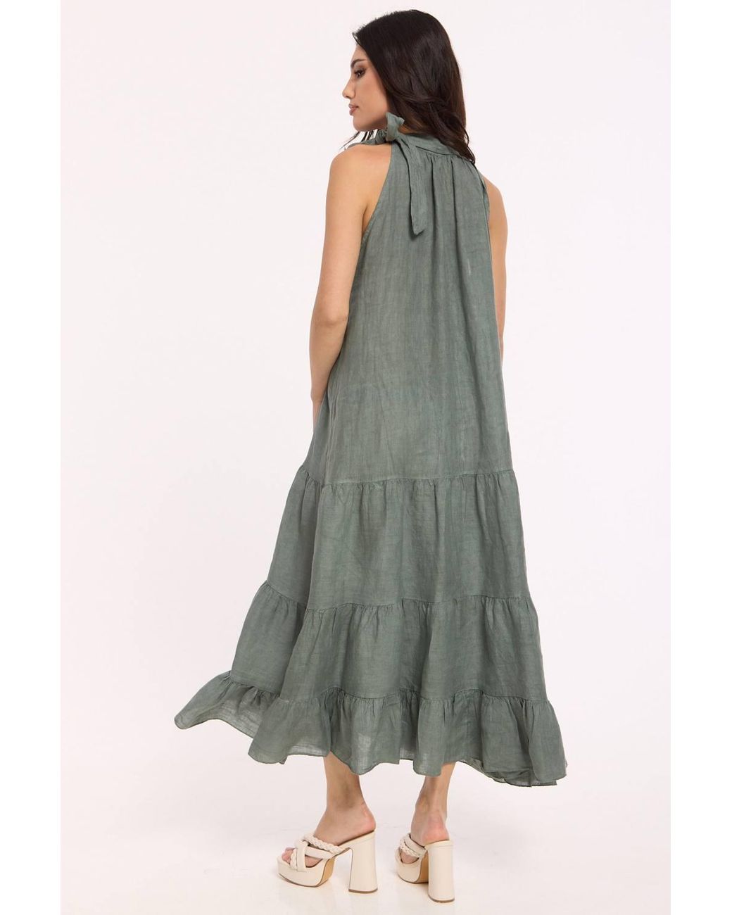 Liquorish Green Sage Linen Tie Neck Tiered Maxi Dress