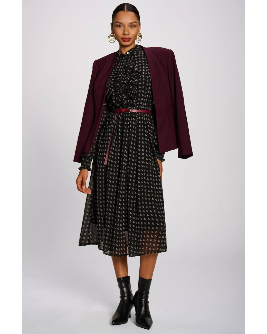 Jolie Moi Black Chiffon Print Ruffled Shirt Dress