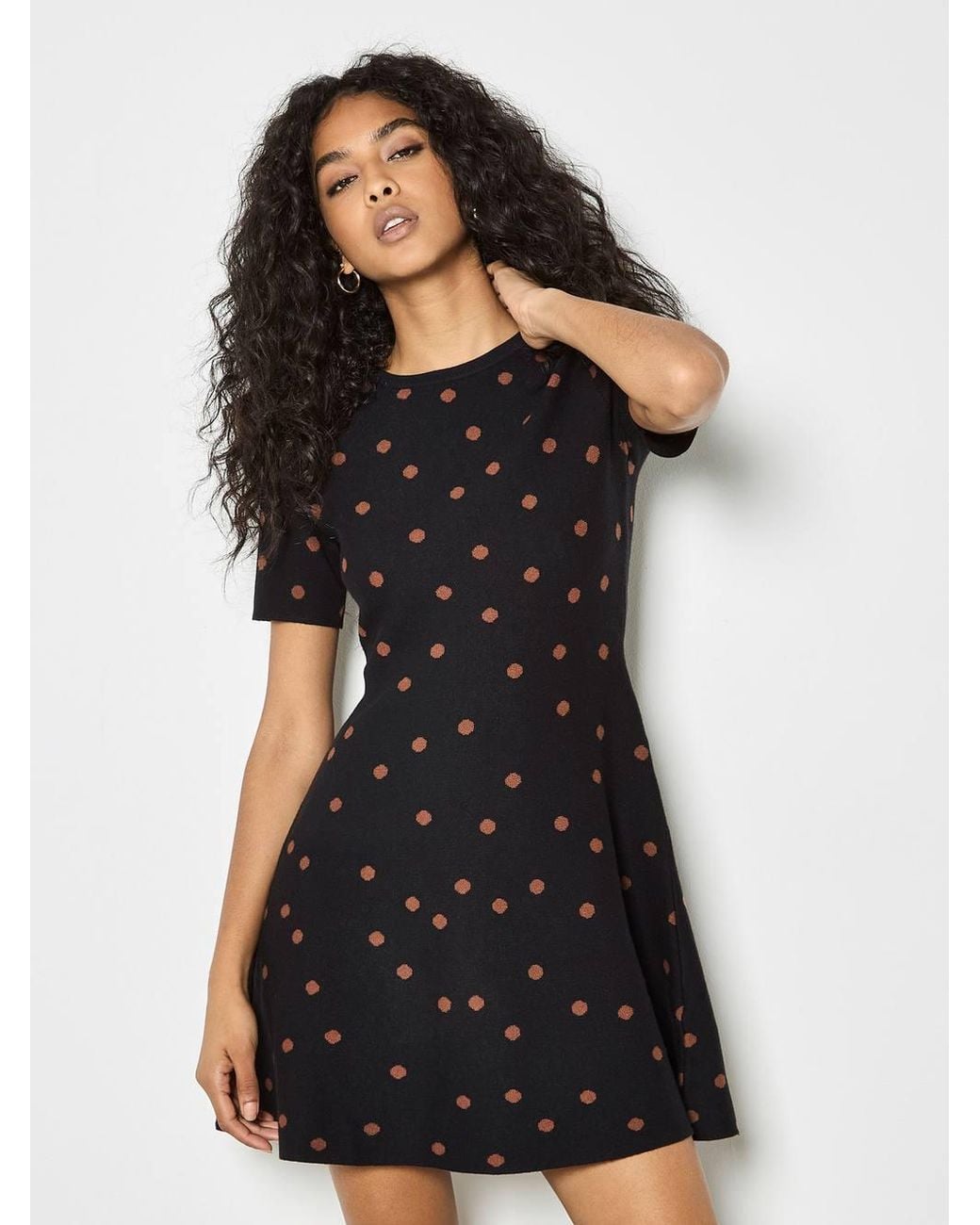 Apricot Natural Polka Dot Knitted Shift Mini Dress