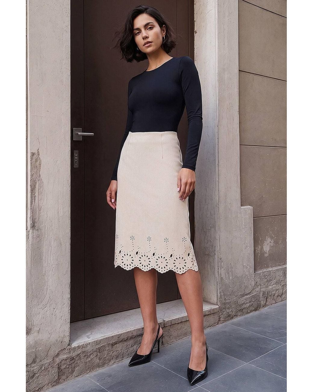Roman Natural Faux Suede Laser Cut Pencil Skirt