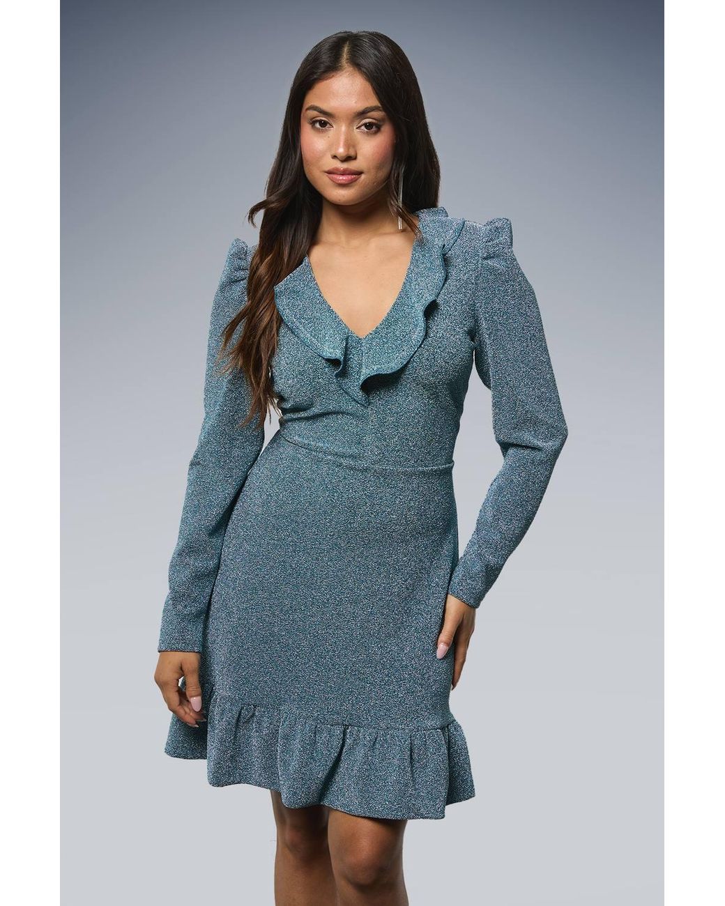 Dorothy Perkins Blue Petite Dp Luxe Frill Front Sparkle Jersey Mini Dress