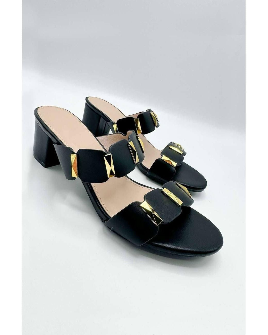 Miss Diva Black Kolee Stud Detail Block Heel Mules