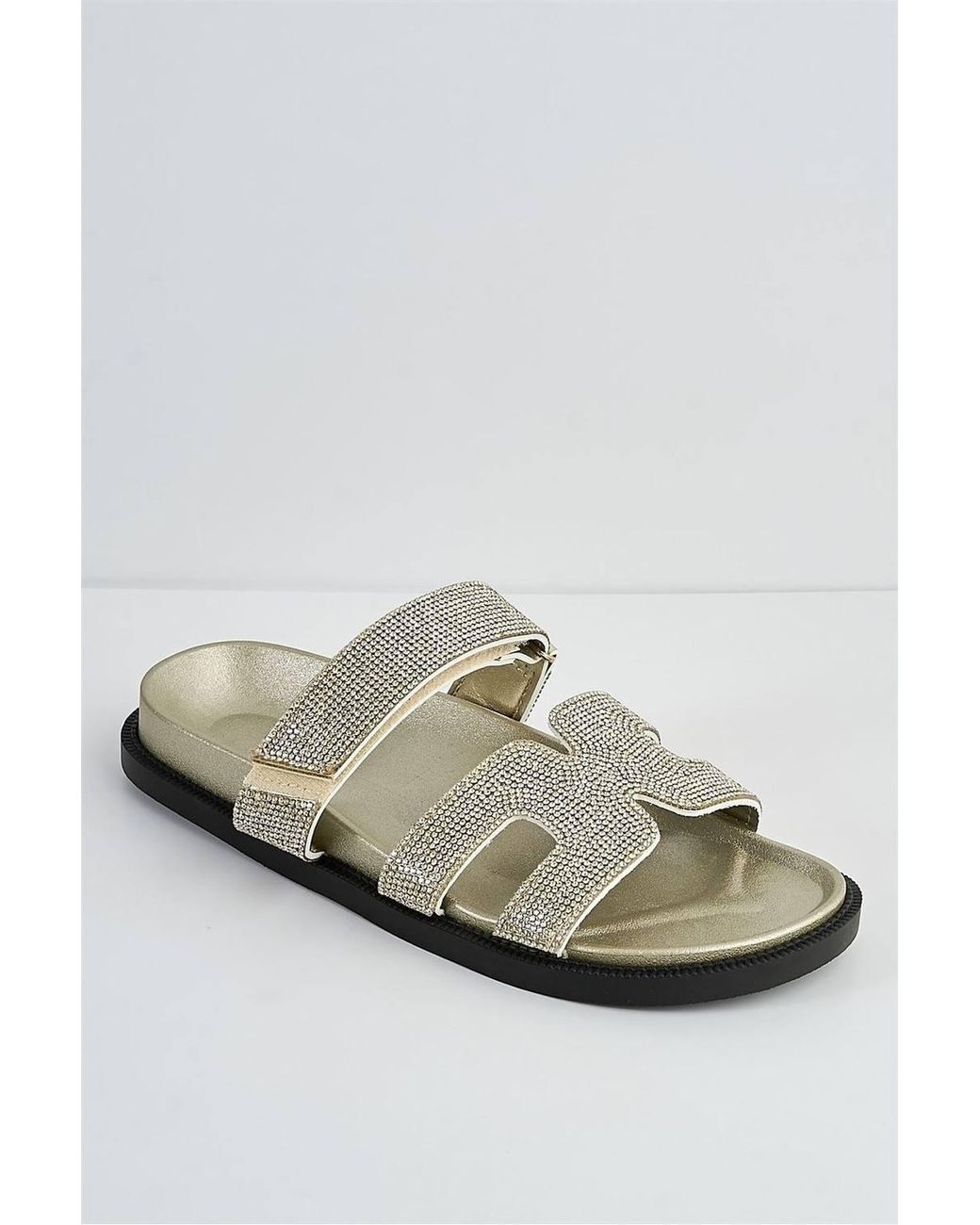 Miss Diva Natural Calla H Shape Velcro Strap Diamante Flat Sliders