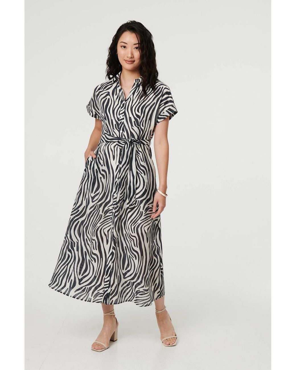 Izabel London Black Zebra Print Tie Waist Midi Shirt Dress