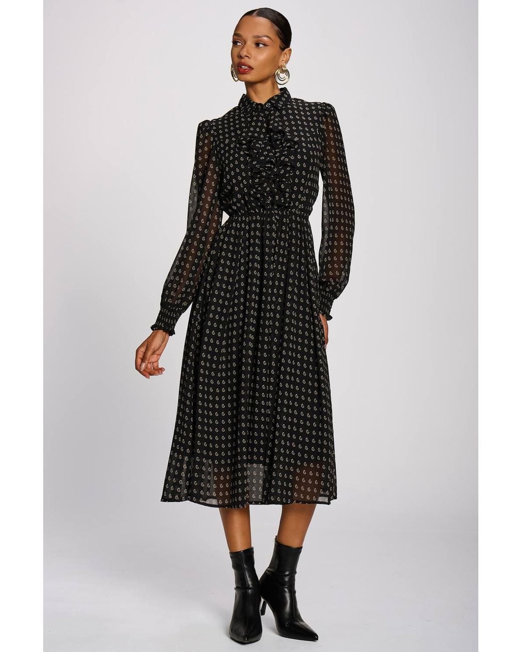 Jolie Moi Black Chiffon Print Ruffled Shirt Dress