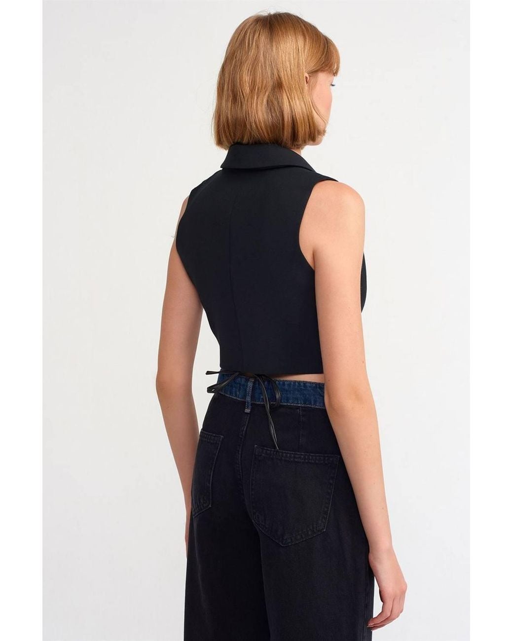 Dilvin Blue Fitted Crepe Crop Blouse With Tie Front